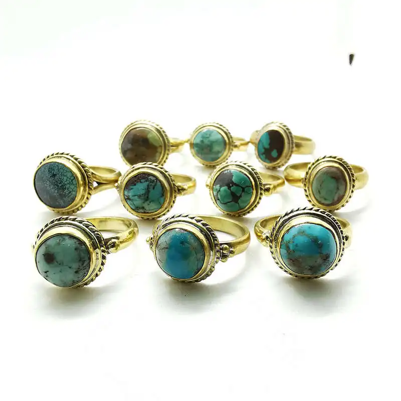 Natural Stone Rings Brass Inlaid Turquoise Lovely Rings for Woman R207