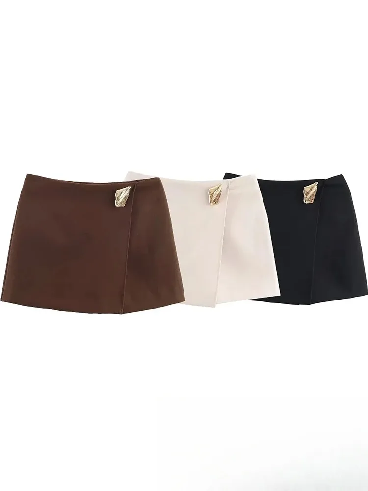 콘달라 캐주얼 시크 브라운 미니 숏 스커트 앞트임 하이웨이스트 와이드 레그 숏츠 여성 패션 2025 스트리트웨어 가을 숏츠