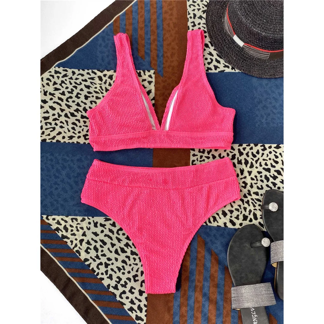 Gefalteter, geraffter Damen-Badeanzug mit V-Ausschnitt, hochtaillierter Bikini, zweiteiliges Bikini-Set, Badebekleidung, Badeanzug, Modell V3590. – Detail 37
