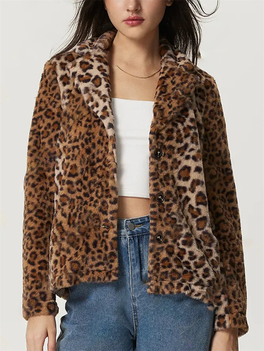 Benuynffy Autumn Winter Leopard Print Faux Fur Jacket Women's Fashion Long Sleeve Single Breasted Loose Short Female Outerwear