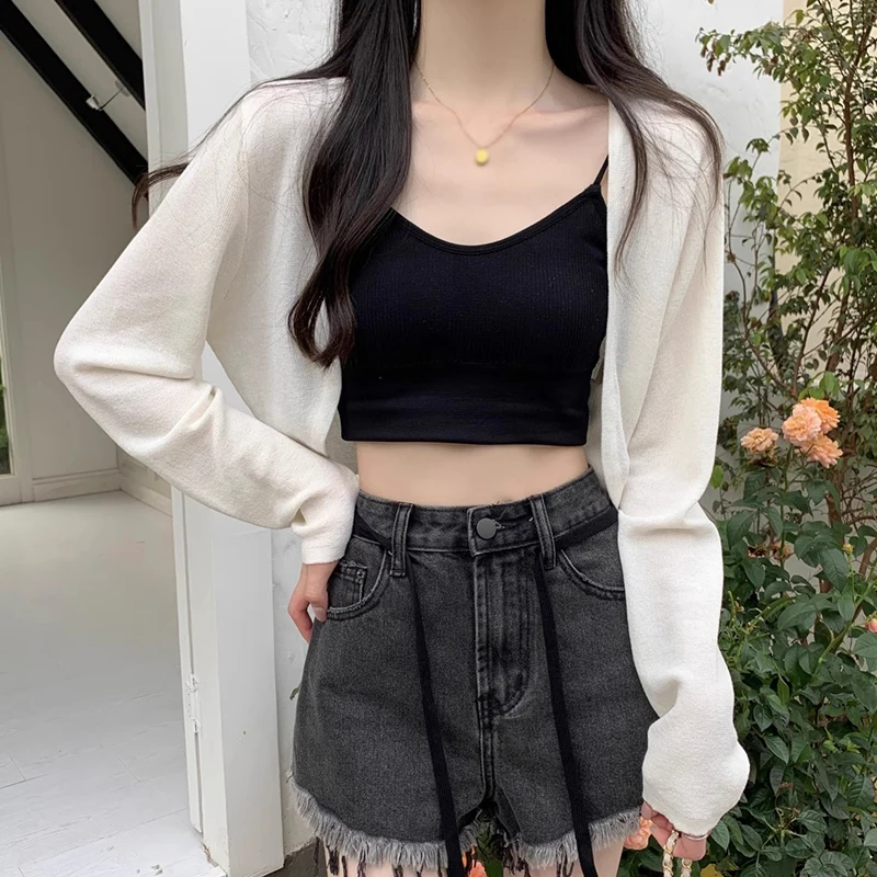 Solid Colour Sun Protection Cardigan Tops Women Knitted Long Sleeves Casual Versatile Breathable Soft Summer