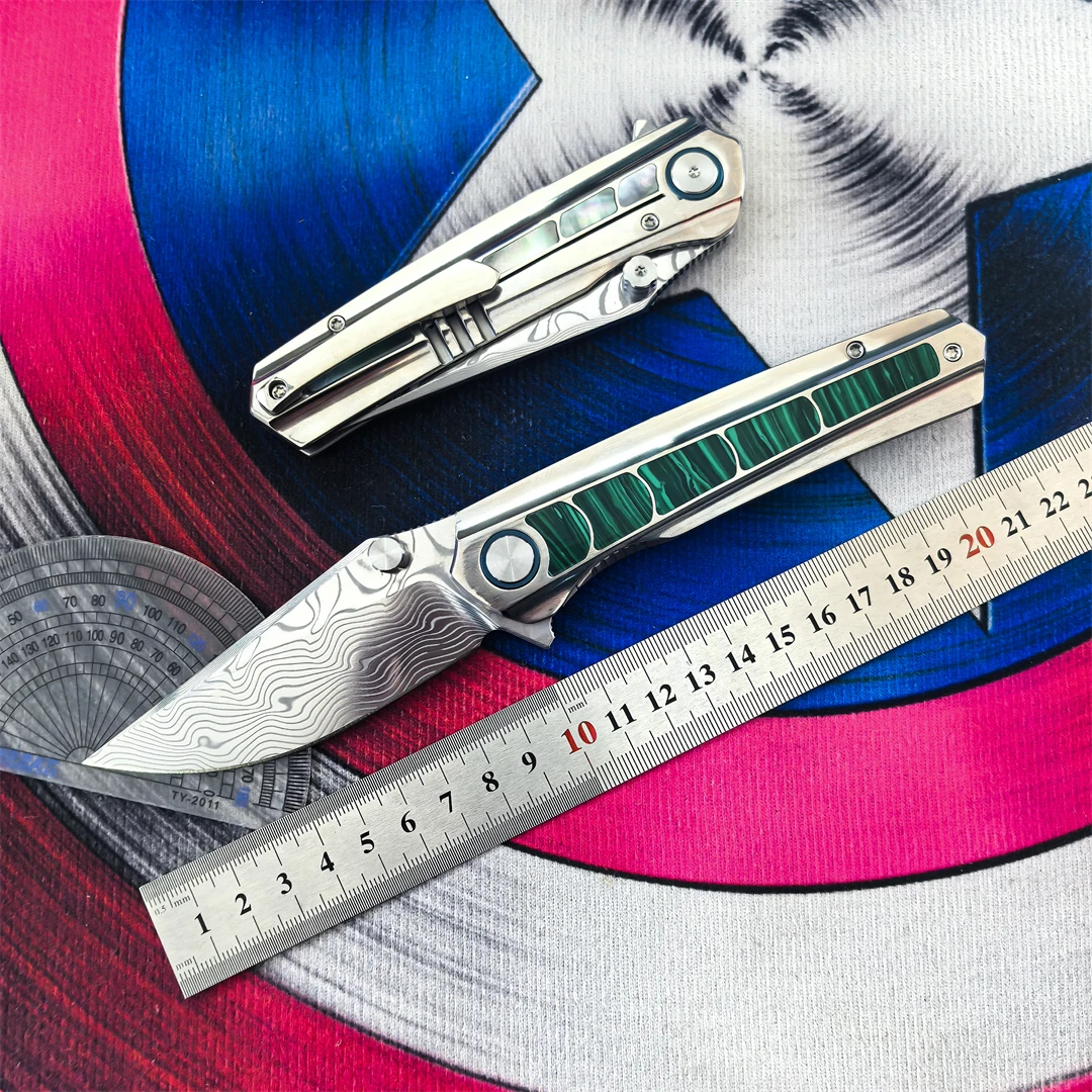 QK Damascus Steel Folding Knife Shell Titanium Alloy Handle Bearing Outdoor Camping Fishing Hunting EDC Defense Tool