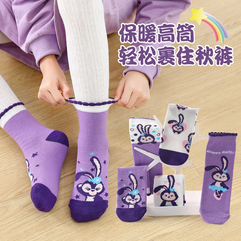 

5 Pairs Disney Children Socks Cartoon StellaLou Girl Sock Spring Autumn Winter Middle Tube Socks Kawaii Cotton Anime Kids Socks