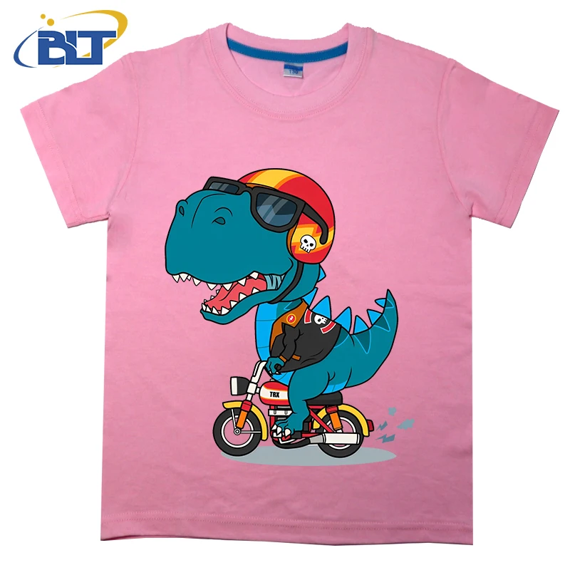 Camiseta fresca con estampado de motorista t-rex para niños, top informal de manga corta de algodón de verano, adecuado para niños y niñas