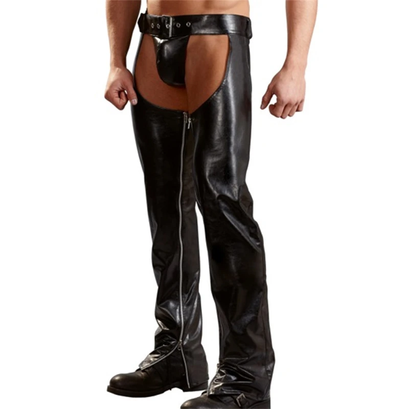 

Fetish Men Latex Wetlook Crotchless Chaps Faux Leather Open Crotch Gay Pants with Thongs Sexy Adult Wear Sissy Lingerie for Man