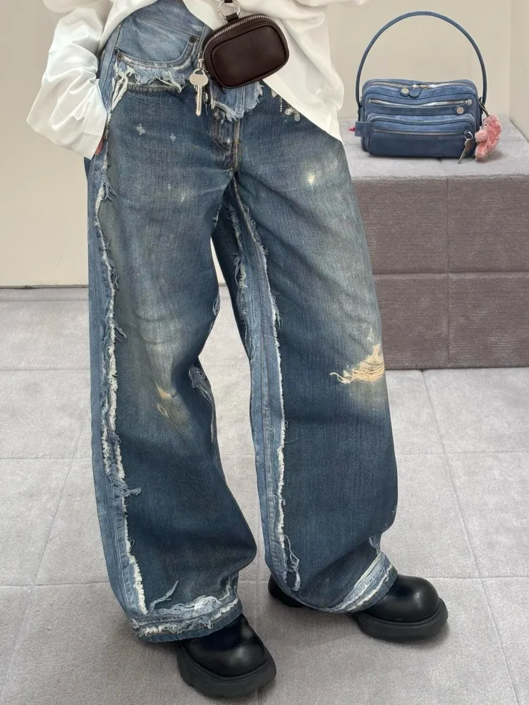 Spring Summer Chic Female Spliced Vintage Loose Jeans Quality Hot Girl High Street Designer Denim Trousers Womens Wide Leg Pant