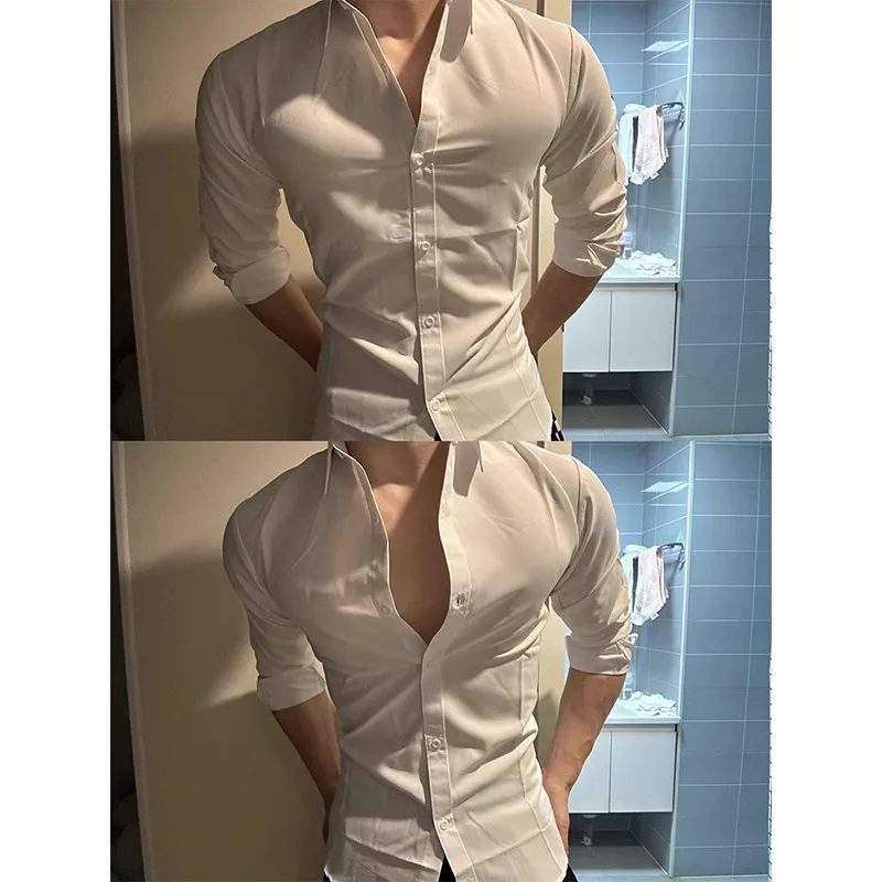 

2026 New Summer Men's White Abstinence Style Naples Long Sleeve Shirt Mature Slim Fit Muscle Showing Button Down Shirt