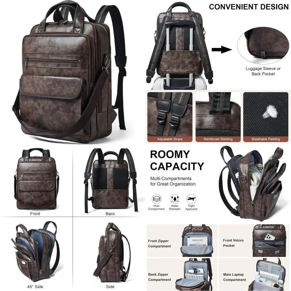 Sac à dos pour ordinateur portable Shrrie pour femmes et hommes, 15,6 pouces, en cuir végétalien, sac à dos professionnel résistant à l'eau, sac à dos décontracté pour la journée ou pour le travail