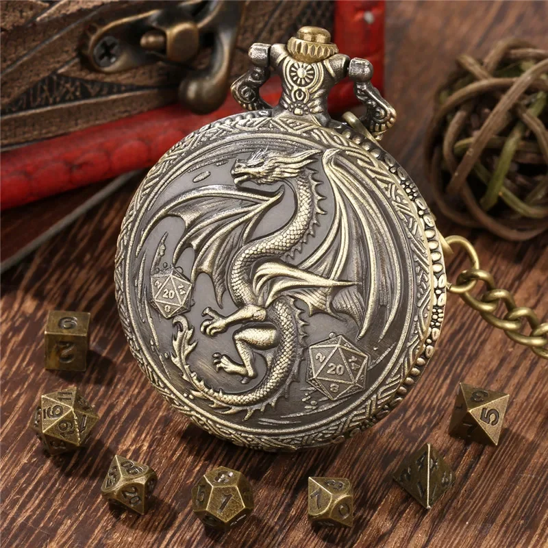 Creative Dragon Wings with D20 Dice Pocket Watch Case Fob Chain with 7 X Mini Size Metal Polyhedral Dice RPG Table Board Game