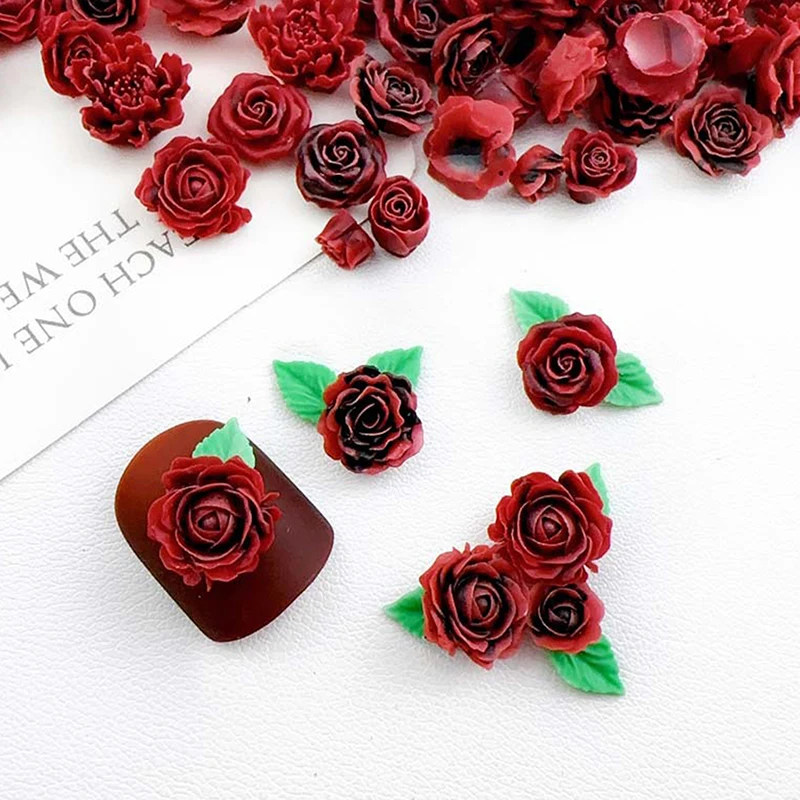 Random Mixed Wine Red Rose Nail Art Charms 3D Retro Resin Luminous Flowers Nail Decorations Accessories For Nails DIY Salon