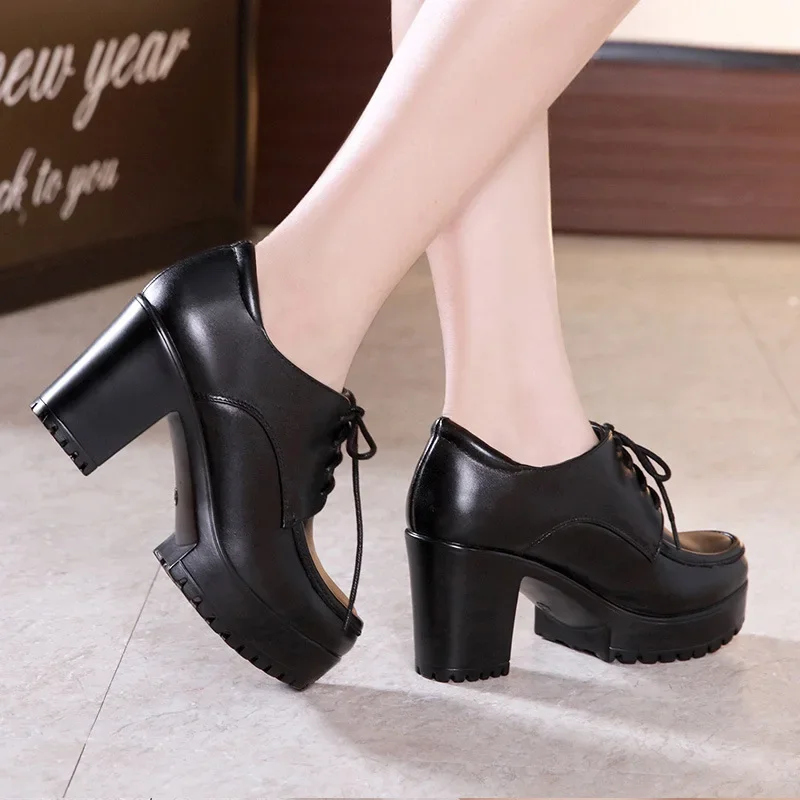 8cm Small Size 32-43 British Deep Mouth Thick Bottom Platform Pumps Winter 2024 Block High Heels Shoes Office Model Oxfords