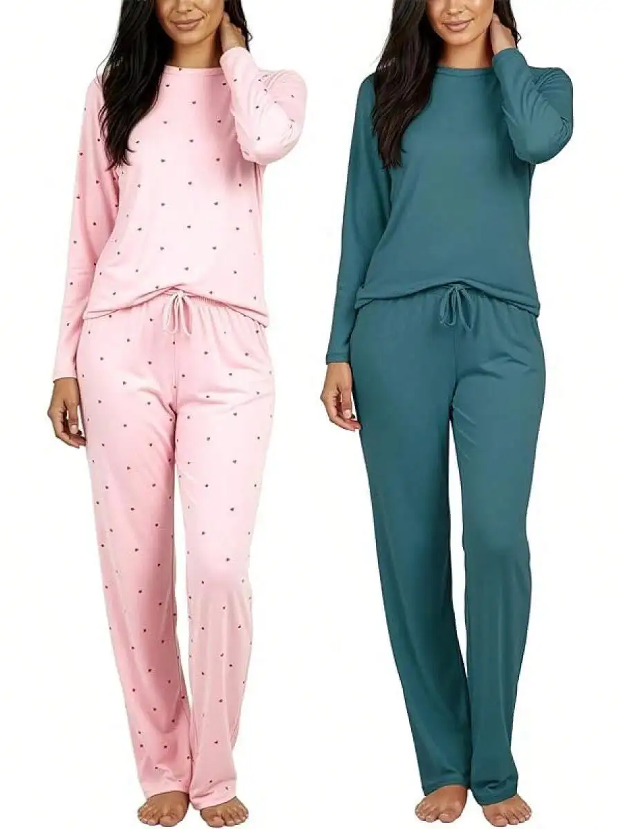 2 Pack Womens Soft Pajama Sets Long Sleeve Sleepwear Loungewear With Drawstring Waist