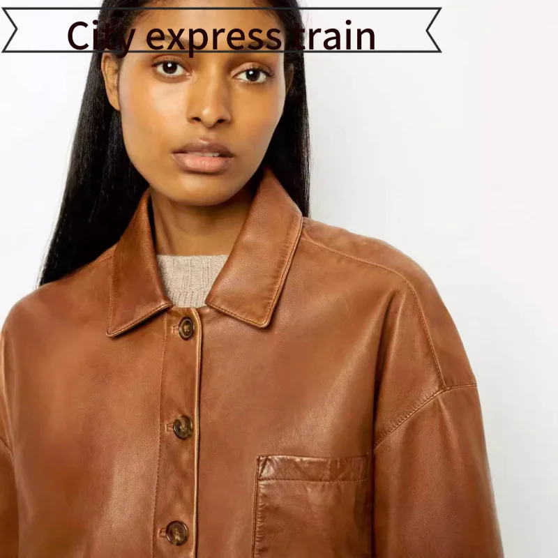 Jaqueta Feminina de Couro Marrom Elegante com Estampa Casual, Caimento Solto, Estilo Retrô, Manga Longa, Gola, para Cerimônias