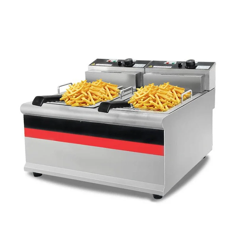 Electric Deep Fryer Commercial Double Cylinder Frying Machine Desktop Fryer Brake Ehermostat Fryer.