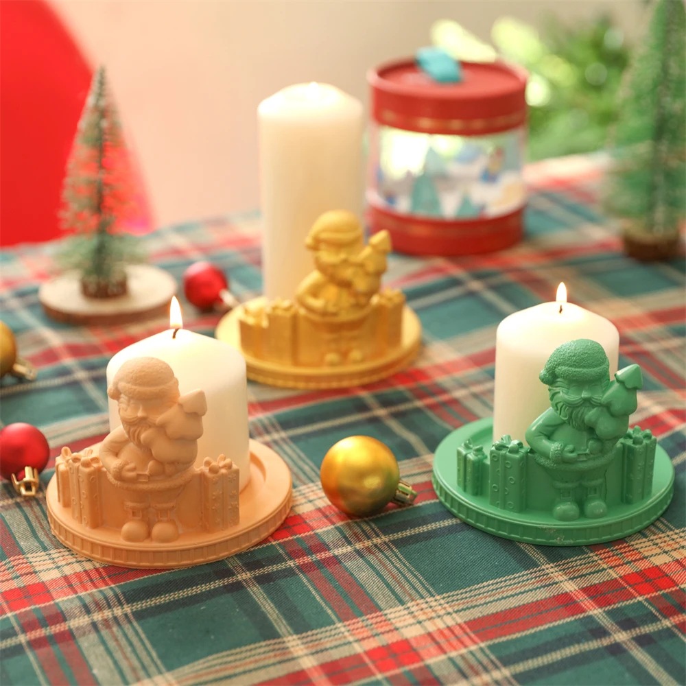 Merry & Bright Santa Candle Holder Silicone Mold for Gypsum Handicrafts Jesmonite Candlesticks Making Christmas Decoration