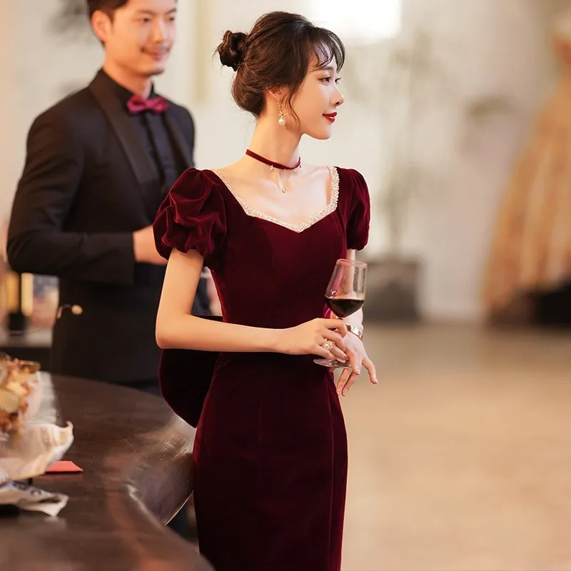 

Fishtail Wine Red Evening Dresses Fashion Bride's Self-cultivation Temperament 2025 Spring New Banquet Long Velvet Party Dresses