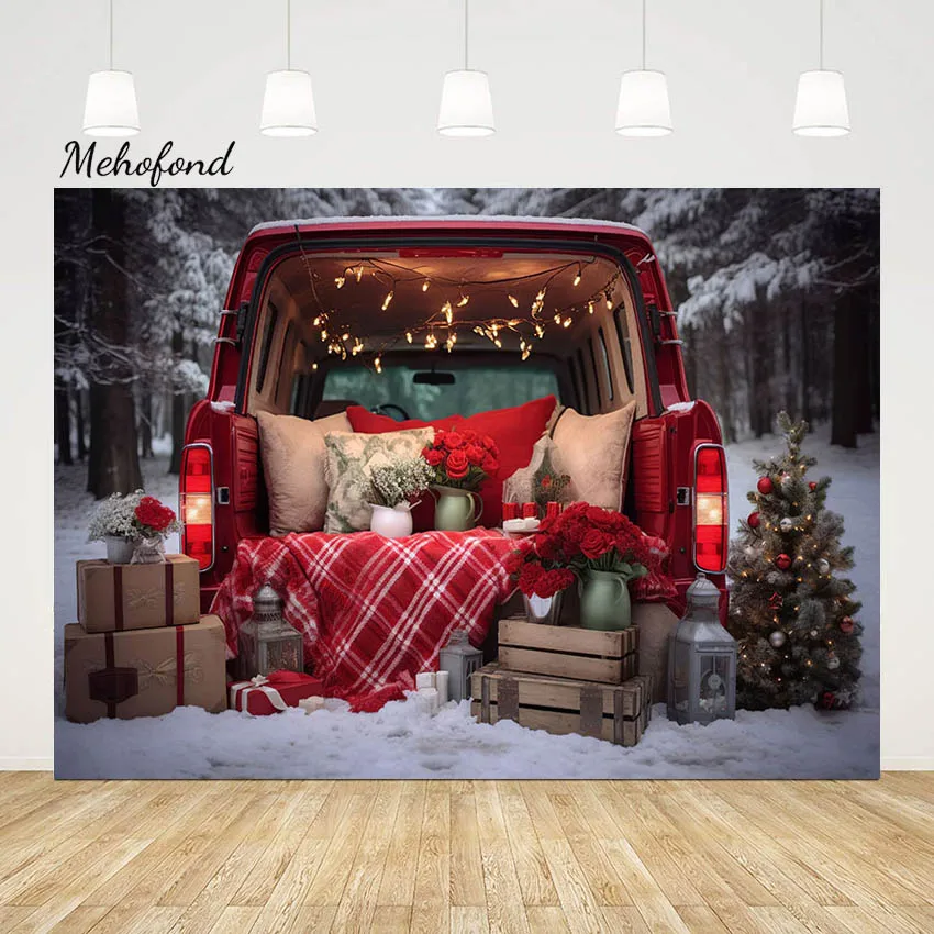 Mehofond Winter Christmas Photography Backdrop Red Car Xmas Tree Snow Forest Children Portrait Background Studio Photozone Prop