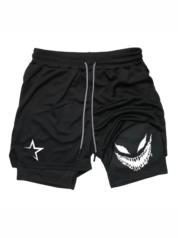

Мужские спортивные дышащие быстросохнущие тренировочные шорты с принтом «Дьявольская улыбка», 2-в-1, модель DF0012