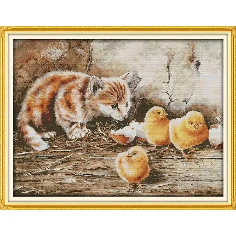 Joy Sunday Pre-printed Cross Stitch Kit  Easy Pattern Aida  Stamped Fabric Embroidery Set-The Curious Cat