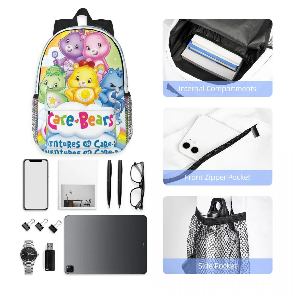 Care Bears 15-Inch Waterproof Backpack - Lightweight Travel Bag with Multiple Pockets for Organization