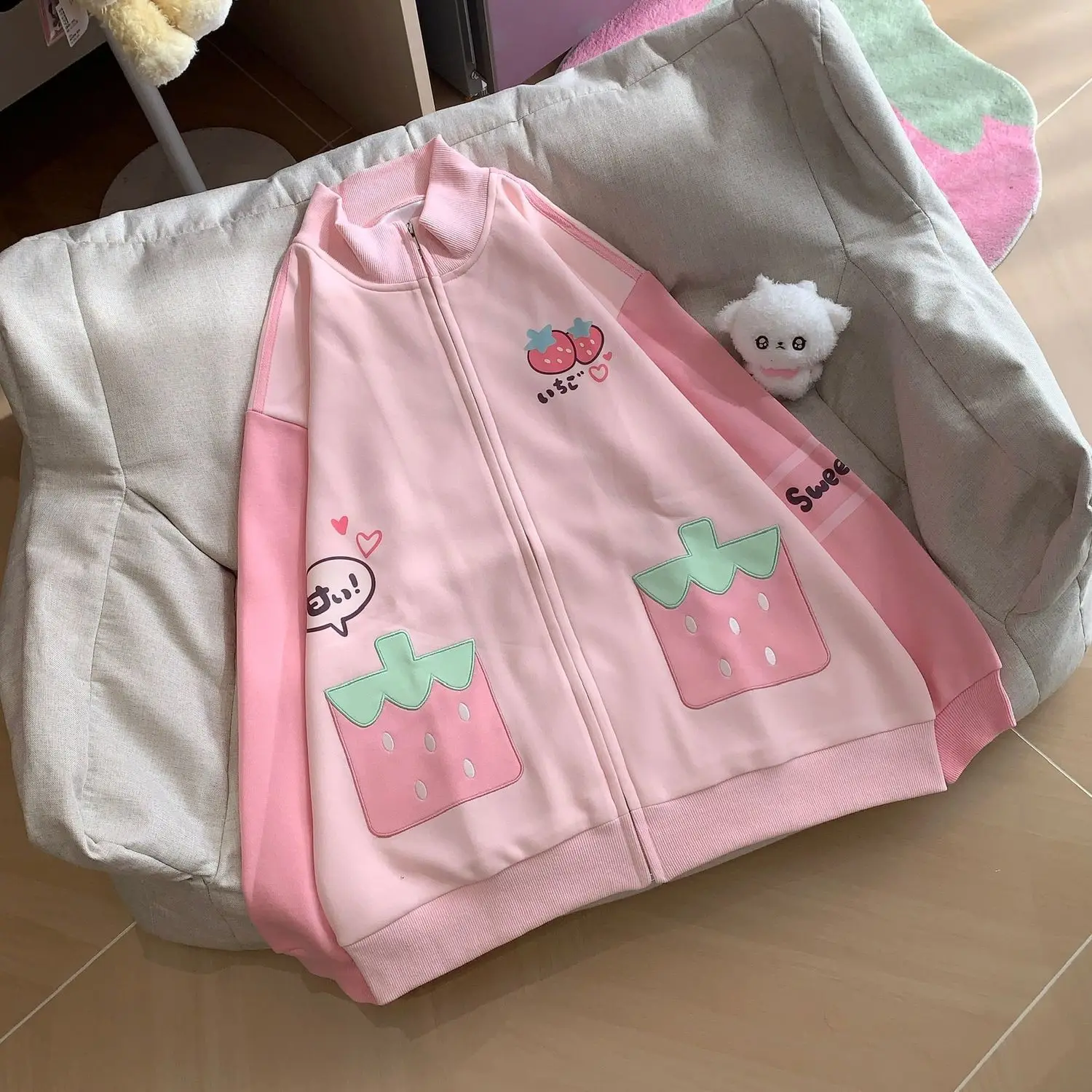 Kurtka damska z polarową podszewką, stójka, styl kawaii, gotycki, Harajuku, subkultura Y2K, odzież codzienna, świąteczna, ciepła, z długim rękawem, odzież wierzchnia