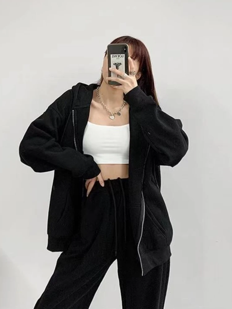 Deeptown Preppy Style Zip Up Hoodies Women Harajuku Korean Oversized Sweatshirts Loose Long Sleeve Thin Tracksuit Tops Jacket