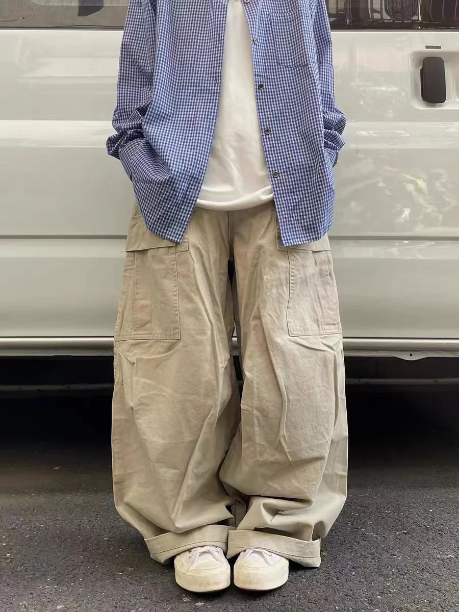 

Retro Japanese Sle Work Pants Men Women Loose Straight Leg Wide Leg Pants Pure Color Heavy Du Waed Casual Trousers
