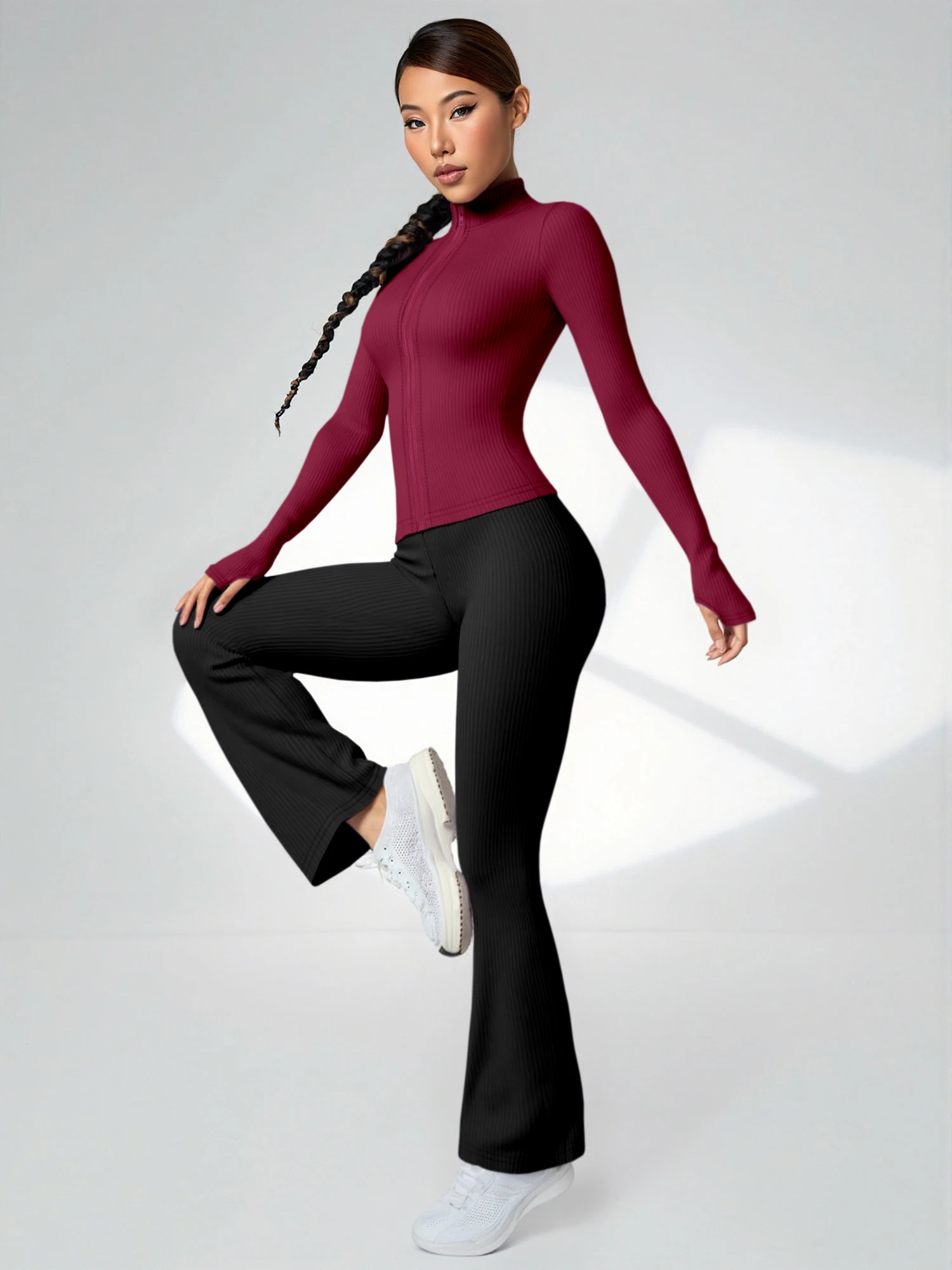 

2-Piece Ribbed Loungewear with Full-Zip Thumbhole Top and High Waist Flare Pants, Comfortable for Daily Wear