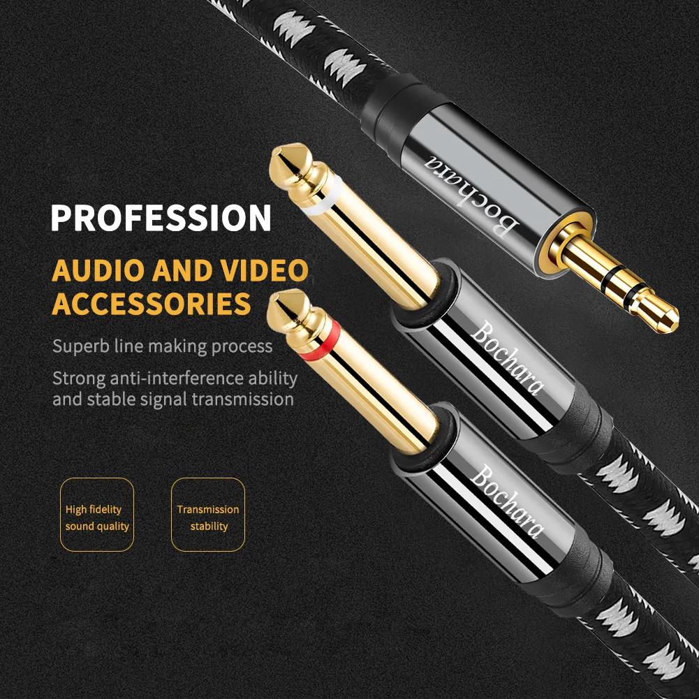 Bochara Braided Gold Plated 3.5mm Stereo TRS to Dual 6.5mm TS OFC Audio Cable Foil+Braided Shielded 1.5m