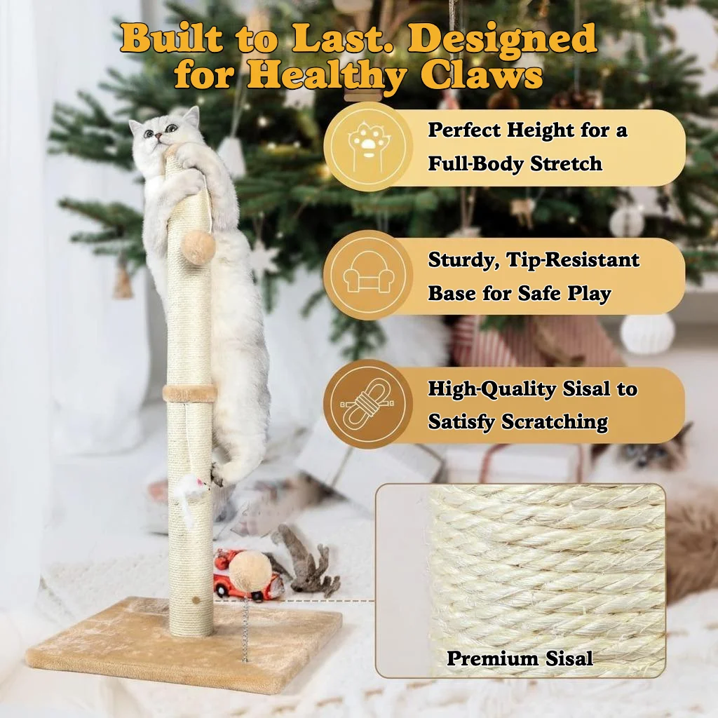 屋内猫用の背の高い猫スクラッチポスト、2つのハンギングボール、大きなスクラッチポスト、サイザル麻レールを含む、32インチ