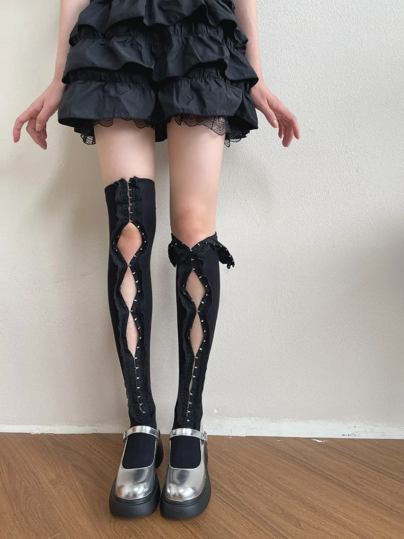 2025 Autumn New Millennium Y2K Stockings Hot Girl Retro Underwear Buckle Lace Hollow Unique Design Long Tube Calf Pile Socks