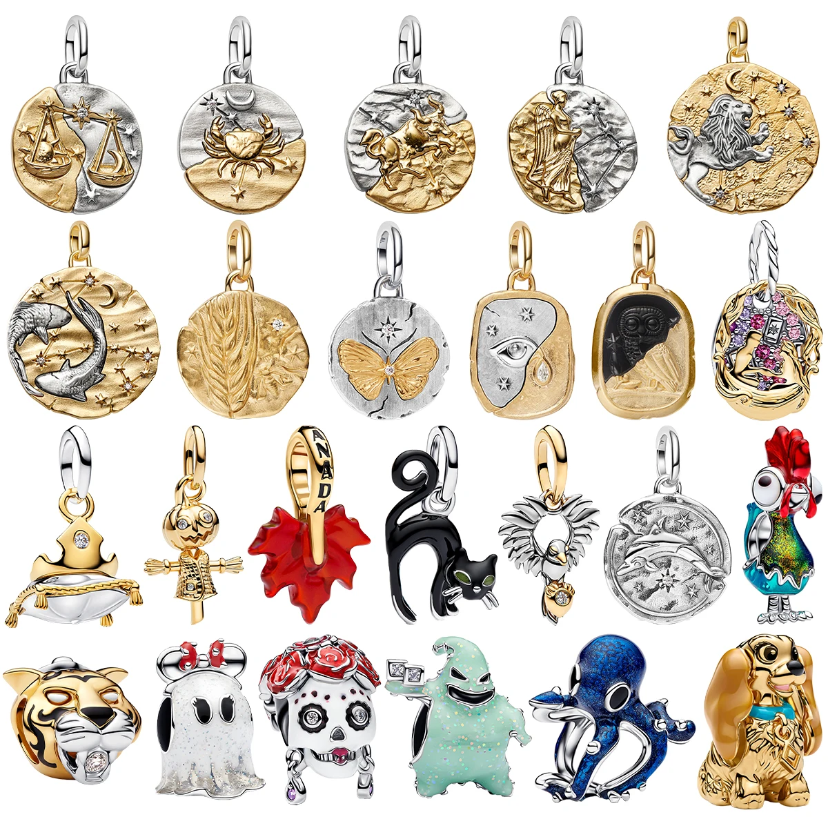 925 Sterling Silver Zodiac Gothic Animal Charms Coin Skull Ghost Tiger Black Cat Octopus Pendent Beads Fit Bracelet DIY Jewelry