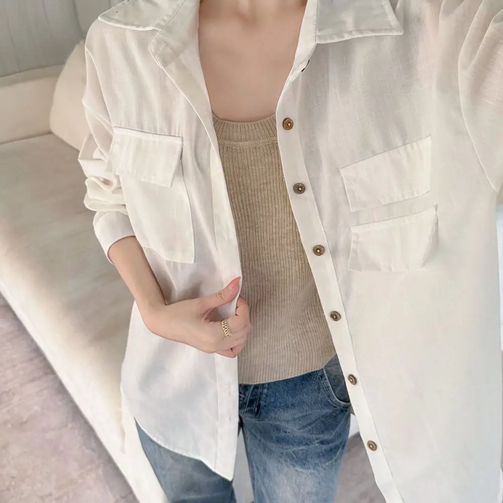 Breathable Linen Blouse Women Summer Loose Long Sleeve Shirt Casual Polo Neck Top Solid Color Simple Comfortable Daily Wear