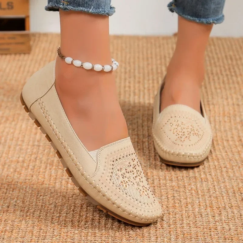 2024 Hot Sale Women\'s Shoes Slip on Women\'s Flats Outdoor Loafers Flats Shoes Crystal Round Toe Soft Bottom Light Ladies Shoes