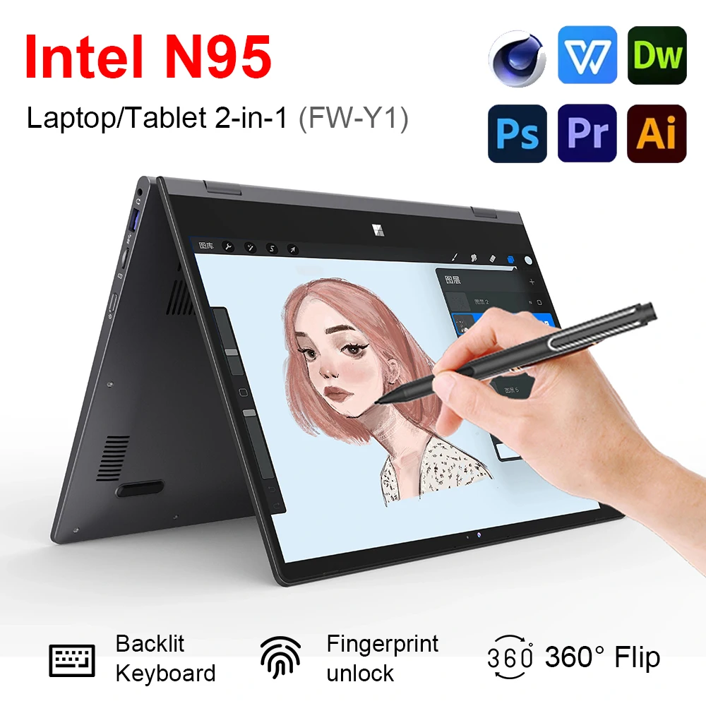 FW-Y1 Mini portátil de 14 pulgadas Intel N95 32GB DDR4 2TB SSD 6000 mAh Tablet 2 en 1 2.5K 2560x1440 Touch 360 °   Flip Office Estudio Netbook