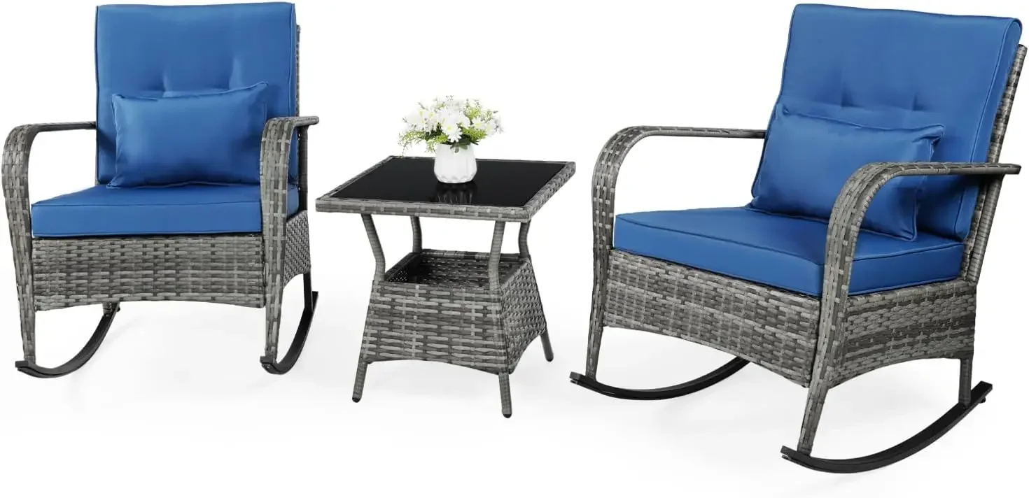 3 Pieces Patio PE Rattan Chair Set, Outdoor Furniture Rocking Chair Set with Water-Proof Cushion&Coffee Table for Garden,Backyar image 2