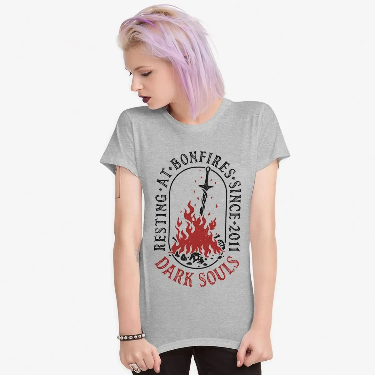 Dark Souls Bonfire Sword Element Printed T-shirt for Women's Gaming Style Top Spring/Summer Pure Cotton Short Sleeve T-shirt