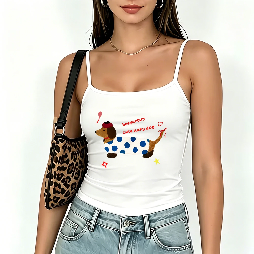 Cute Lucky Dog Graphic Cami Top Lovely Dachshund Camisole Spaghetti Strap Sleeveless Summer Tank Tops for Women