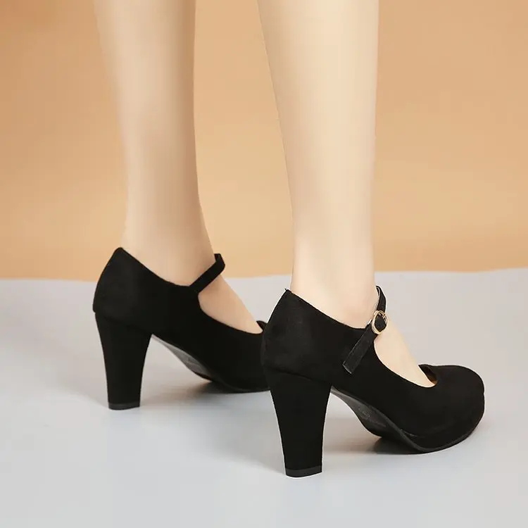 Pointed Toe Thin Heel One Word Buckle Band Womens Pumps Sexy Solid Flock  Platform Work Shoes big Size High Heels