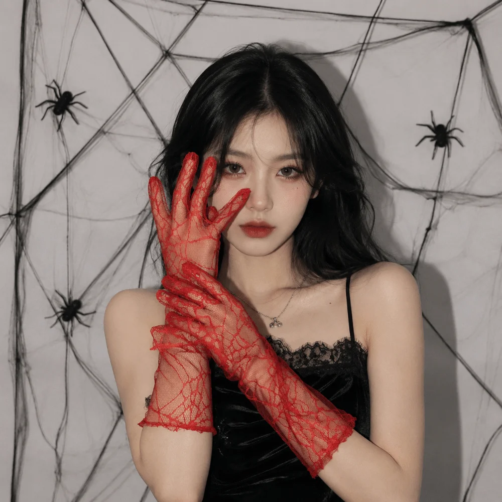 Elegant Solid Color Spider Web Gloves Transparent Gauze Women Driving Gloves Mesh Dark Series Long Mittens Outdoor