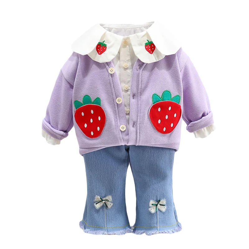 2023 autunno bambini set di abbigliamento neonate cappotti camicia nappa fiocco Jeans 3 pezzi bambini tute carino fragola vestiti infantili