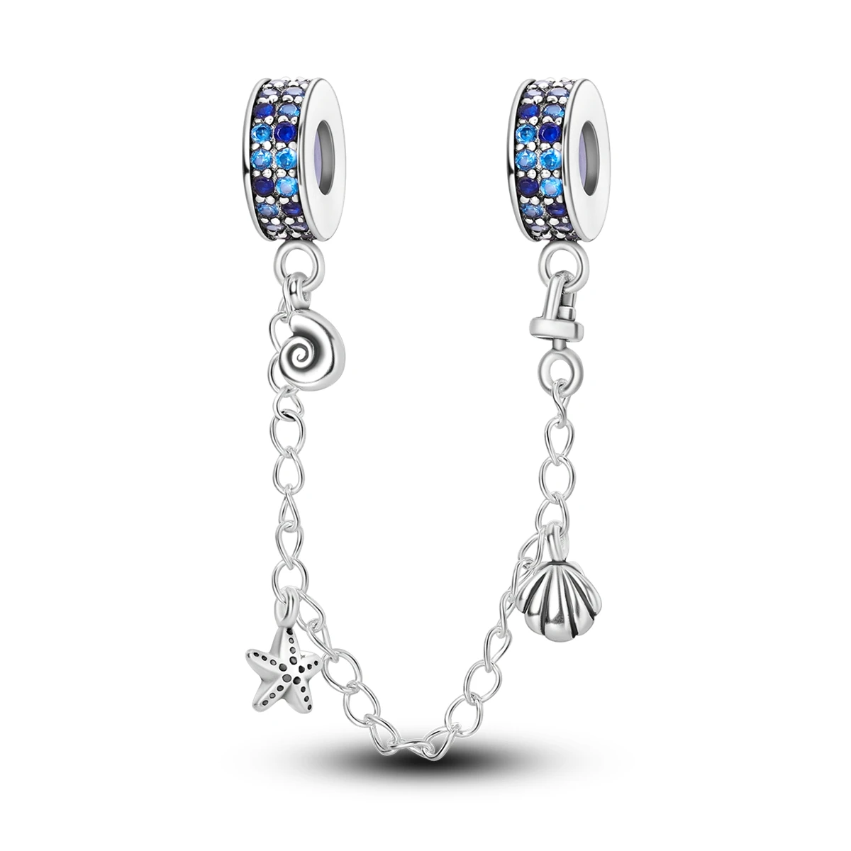 925 Sterling Silver Blue CZ Shell Starfish Conch Safety Chain Fit Women DIY Bracelet Necklace Fashion Jewelry Beach Gift
