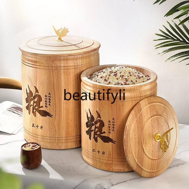 Rubber wood solid wood rice barrel 10kg 15kg for household use New Chinese wood insect-proof and moisture-proof