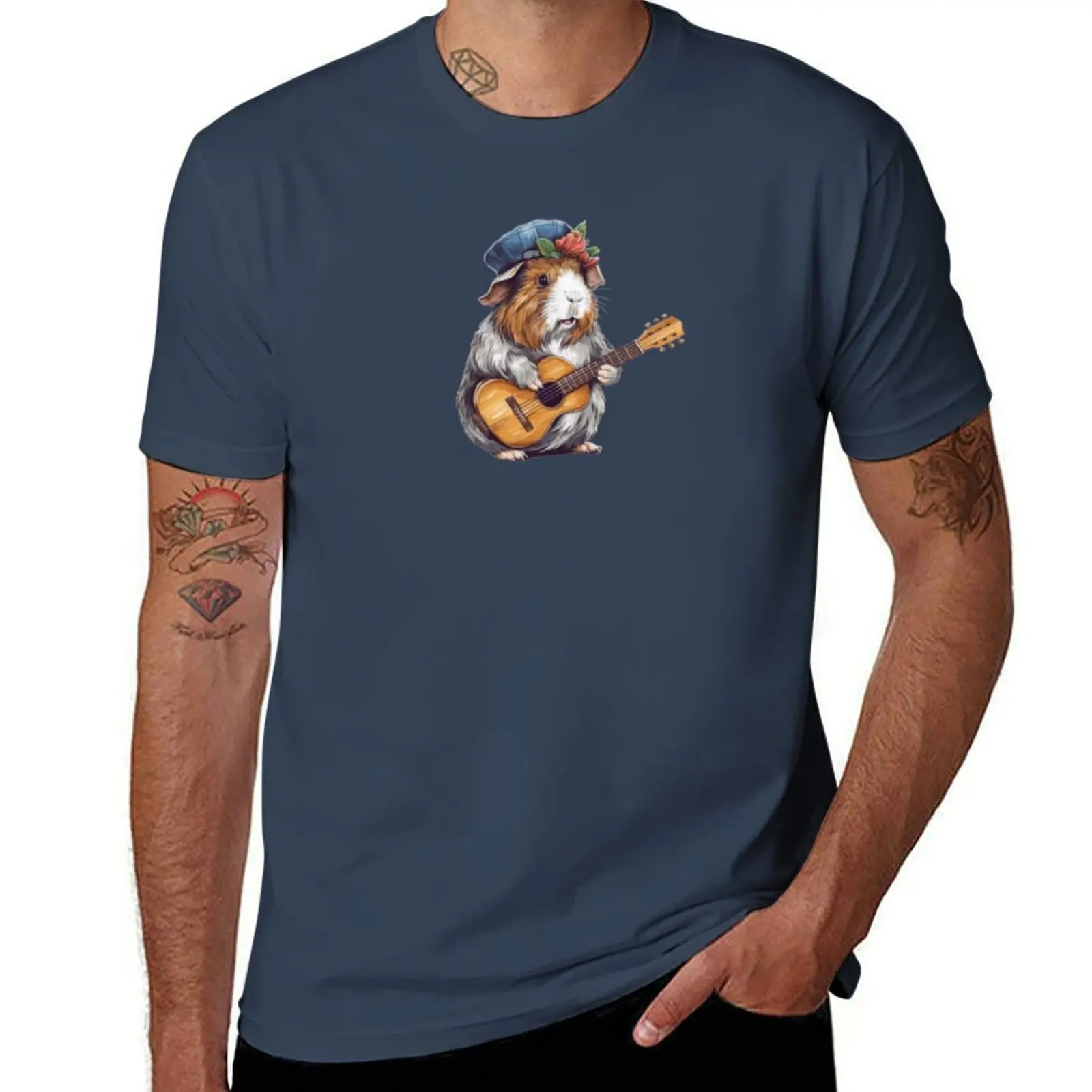 Colorful Guinea Pig Playing Guitar in a Band T-Shirt Outdoor Sports Short Sleeve Top