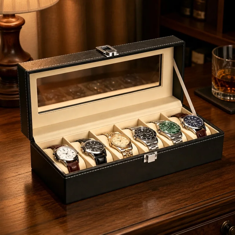 Men's PU Leather Watch Display Case with Glass Lid, Multi-Slot Organizer and Stand for Elegant Storage and Gift Giving