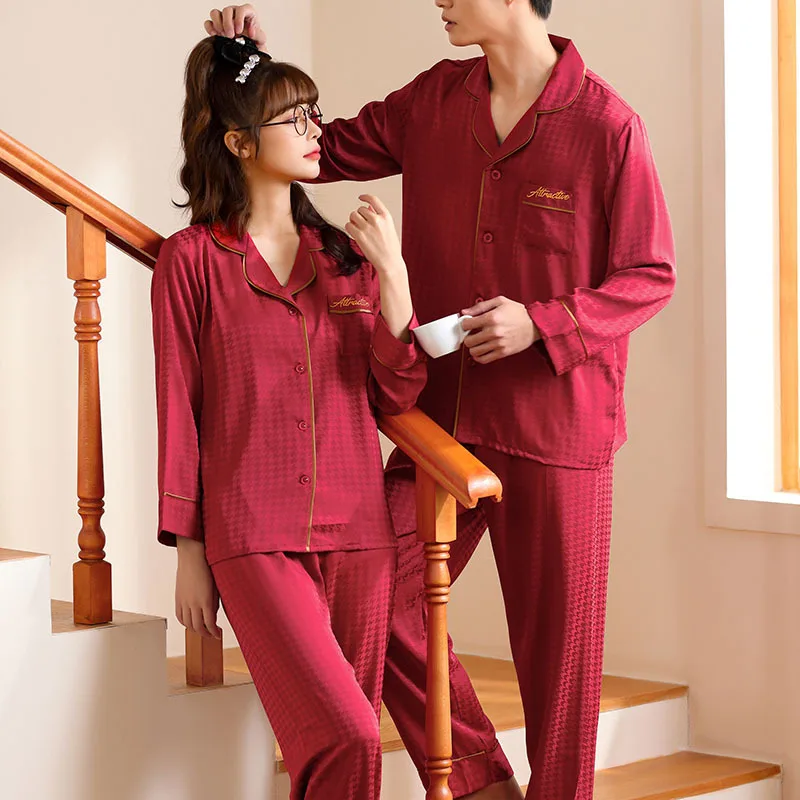 

Spring Autumn Casual Couple Women Men Houndstooth Jacquard Long Sleeve Shirt Pants Pajama Set Sleepwear Homewear Loungewear