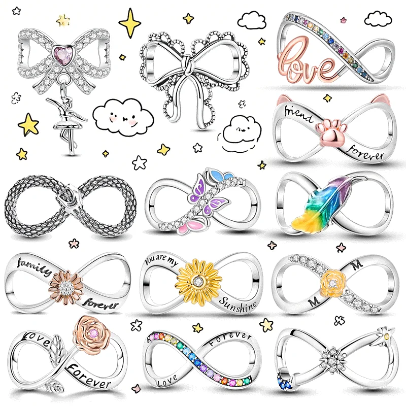 

925 Sterling Silver Eternal Symbols Charms Beads Forever Love Sunflower Feather Dangle Fit Original Bangle Bracelet DIY Jewelry