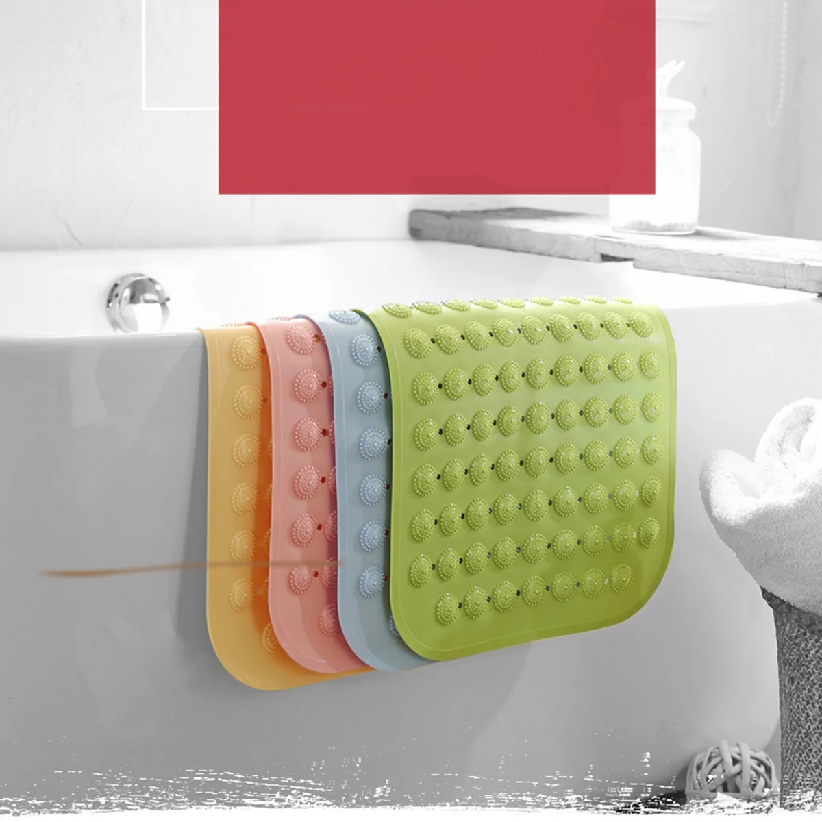 

48x48cm Tpr Non-Slip Bath Mat PVC Pad Suction Cups Orange Small Holes Water Circulation Comfortable Safety Bath Mat