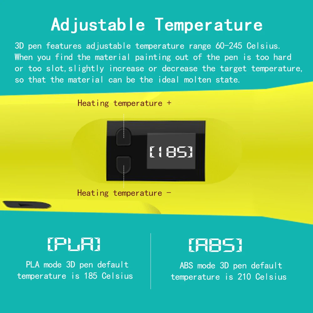 QCREATE 3D 펜 지원 LCD 디스플레이, ABS PLA HIPS PVA 섭씨 60-245 도 온도 범위, 8 단 속도 조절