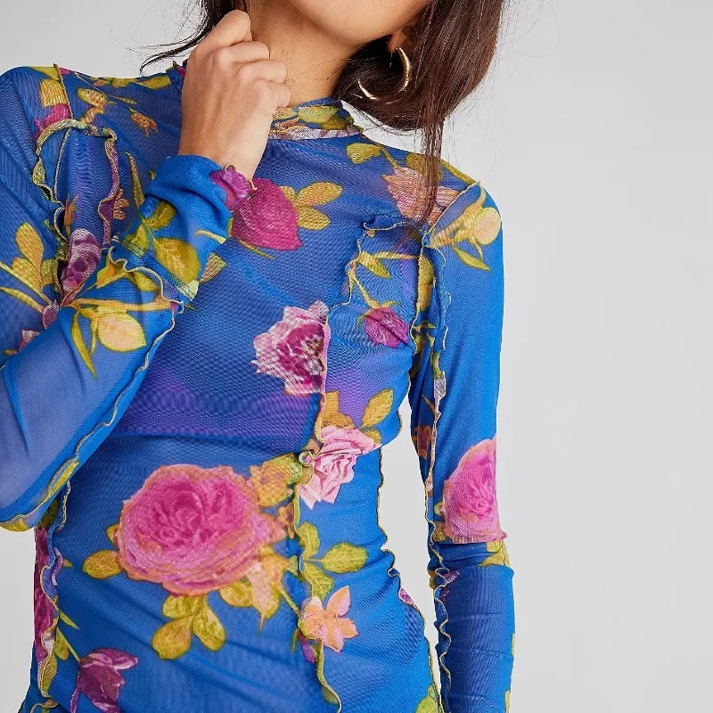 Printed Flower Slim T-shirt Women Chic Fungus Edge High Collar 2024 Spring Skinny T-shirts Female Long Sleeve Fashion Tops YDL18
